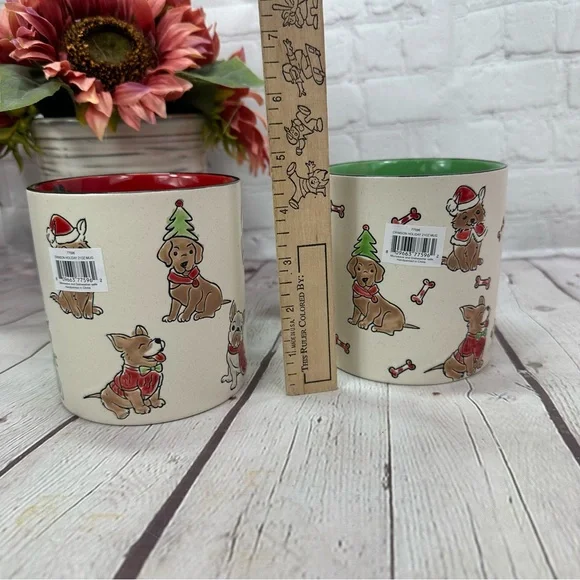 NWT ELI + ANA crimson holiday 21oz mug set Festive Dog-Themed hand painted - Picture 2 of 8